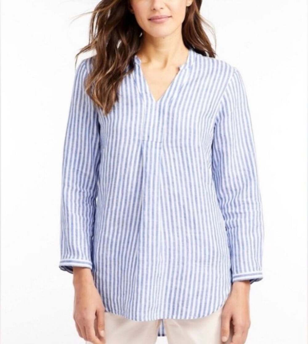 L.L. Bean 100% Linen Splitneck Striped Tunic Shirt Top Blue White Size XL